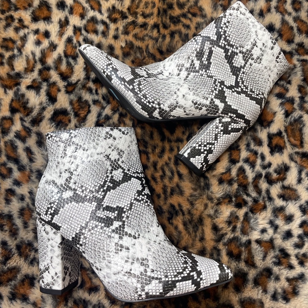 Lulu's Black and White Snake Print Ankle Boots